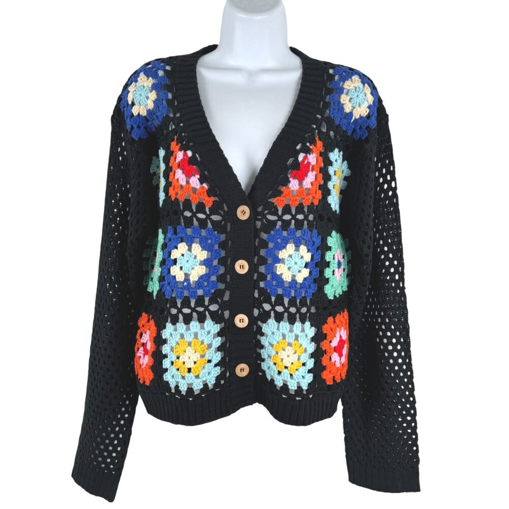 Rain +‎ Rose Granny Square Crochet Cardigan Sweater Medium Boho CJ-2292